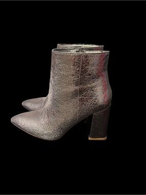 ShuShop Veronica Metallic Pewter Pointed Toe Block Heel Ankle Boots Size 7.5